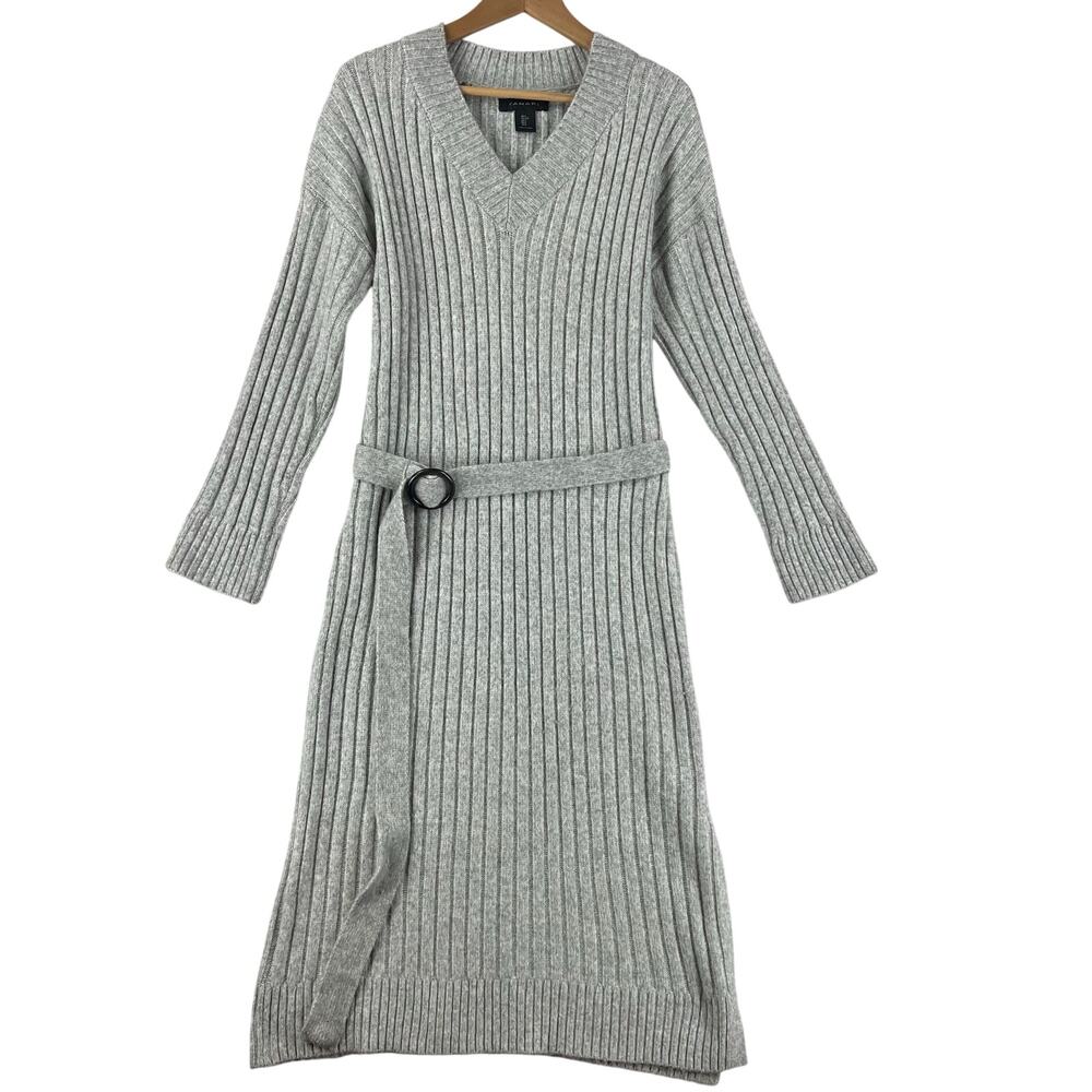 Tahari Women’s Sweater Dress SZ L Heather Gray Ribbed V-Neck Side Slit Midi